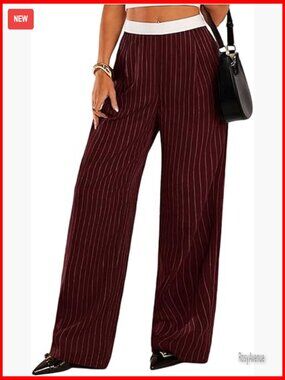 Straight Leg Trousers Elastic Waist Loose Fit Polyester Pants